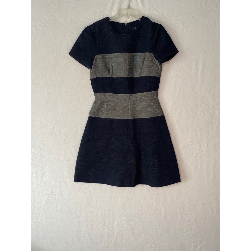 BCBGMAXAZRIA Navy Blue Grey Striped Romee A-Line Linen Mini Dress Size 2 Cotton